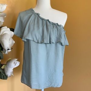 Hinge Top Lightweight One shoulder Ruffle Blouse Top Size Medium.
